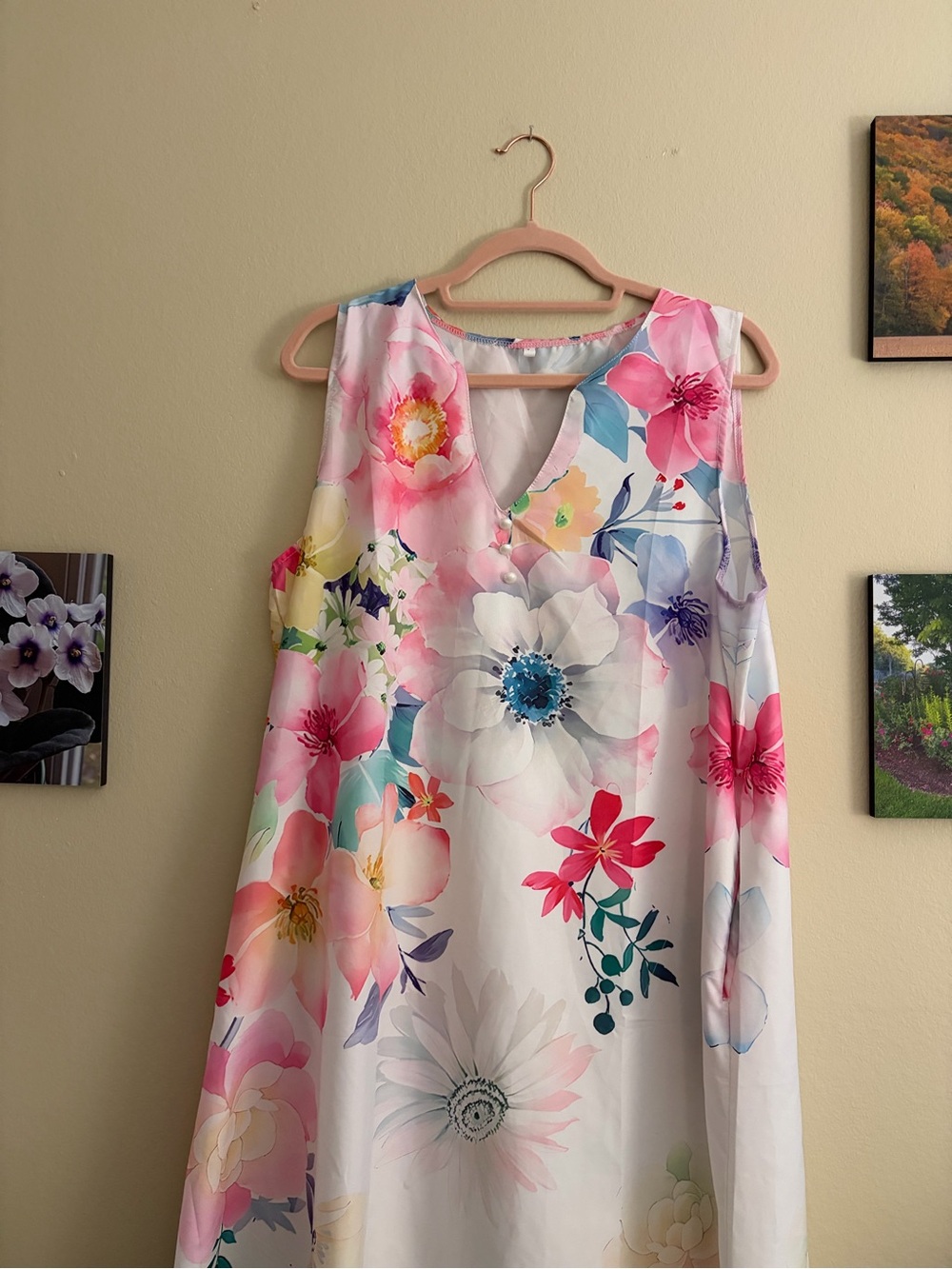 Sleeveless White Maxi Dress with Pink & Blue Floral Print